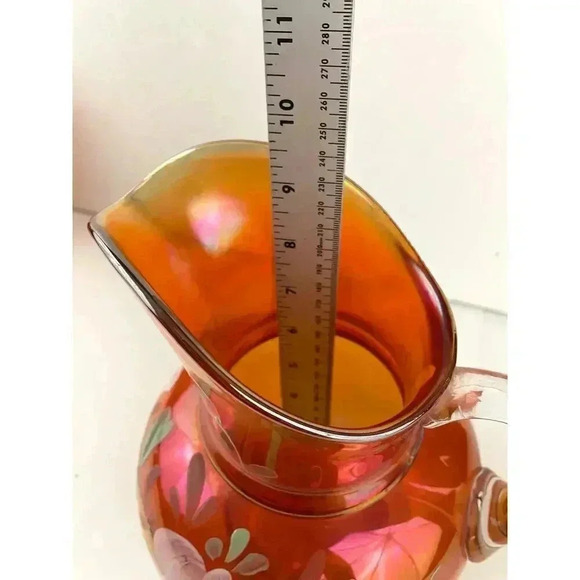 VTG Carnival Glass Orange Iridescent Pitcher Glass Blown Hand Painted 10" Floral - Picture 5 of 16
